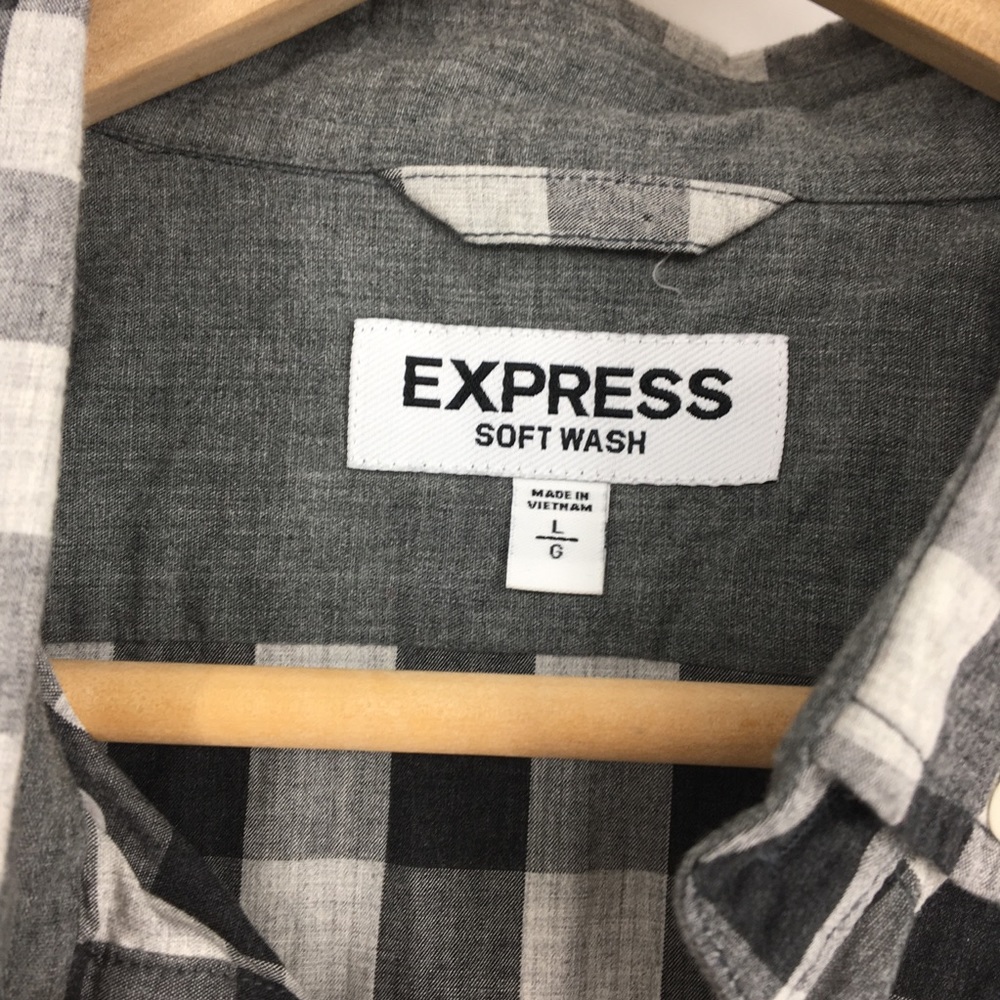 Express Men Black Checked Plaid Button Up Shirt - image 4